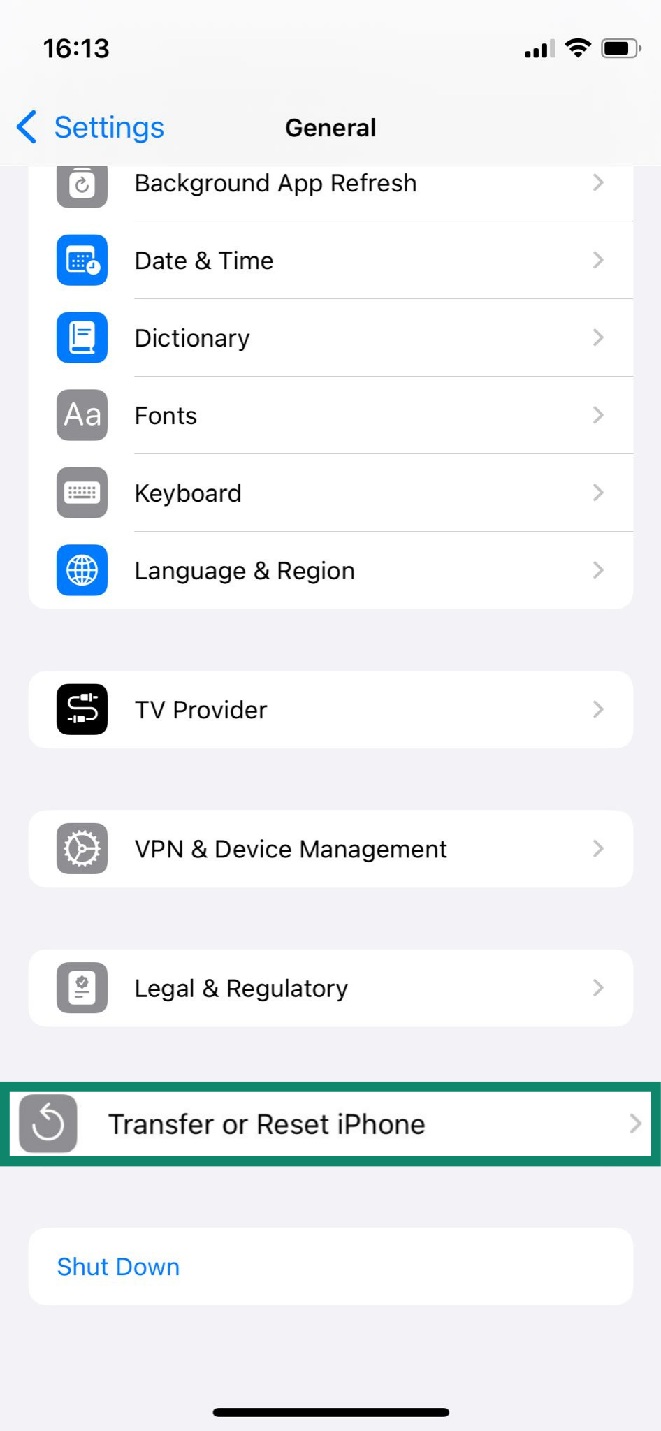 iPhone General screen with the Transfer or Reset iPhone menu highlighted.