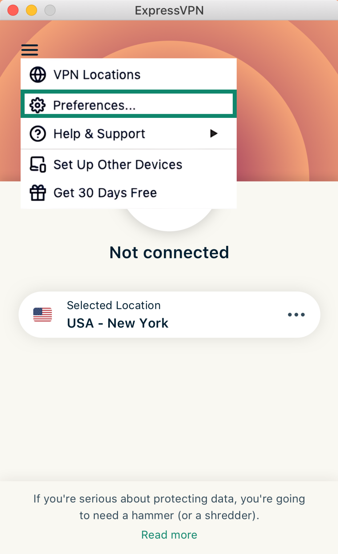 ExpressVPN application on macOS, with the ‘ExpressVPN’ menu in the top menu bar expanded and ‘Preferences’ highlighted.
