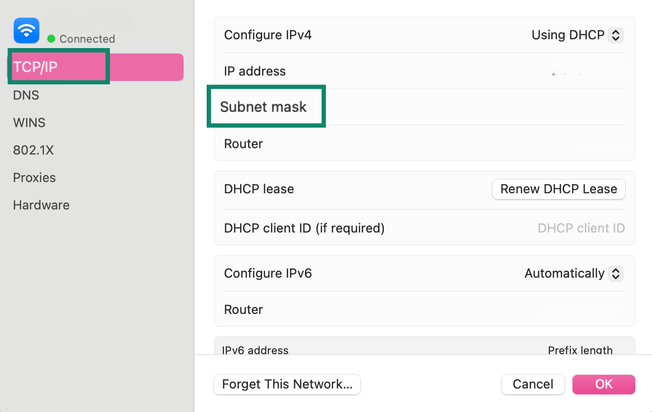 Mac Wi Fi TCP IP settings showing where to find the subnet mask.