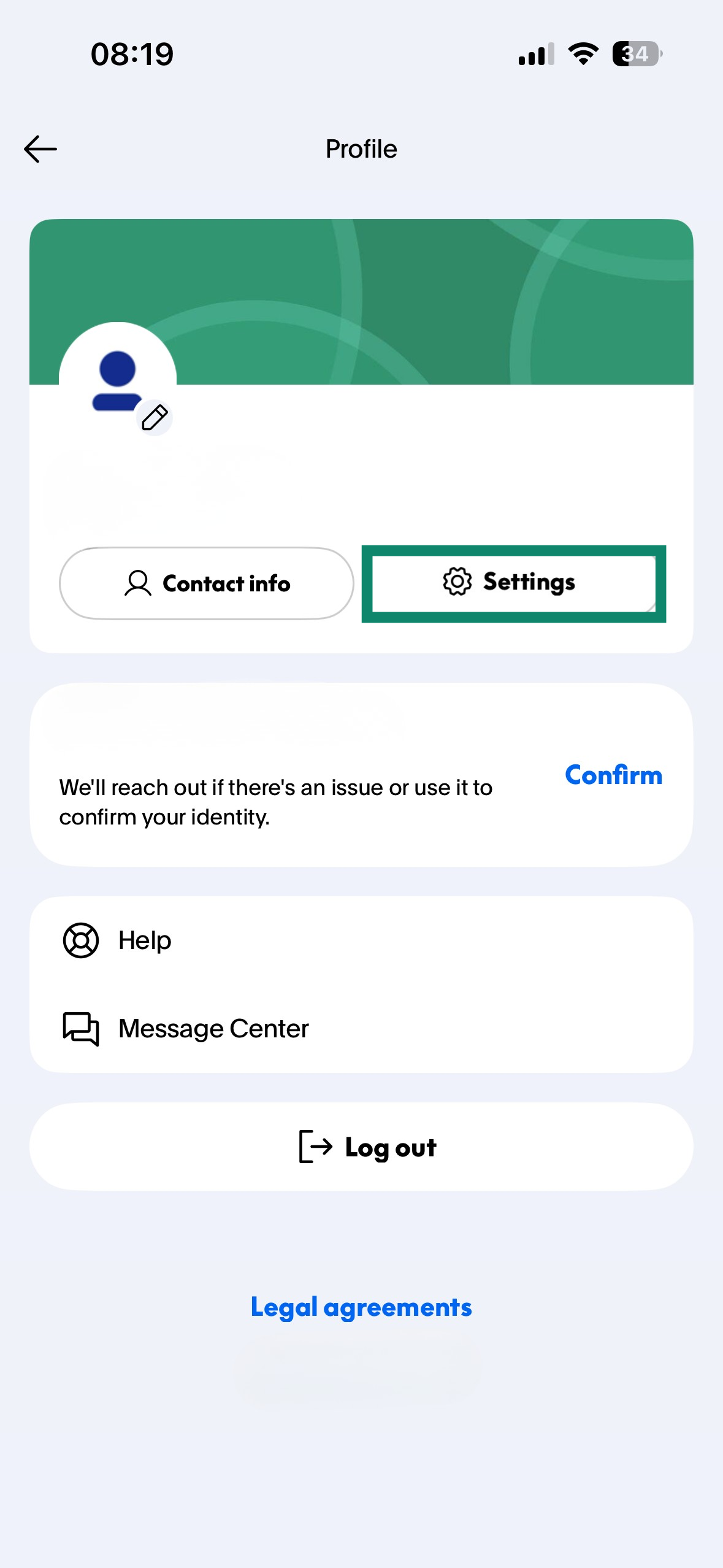 PayPal mobile app profile screen, with the “Settings” button highlighted.