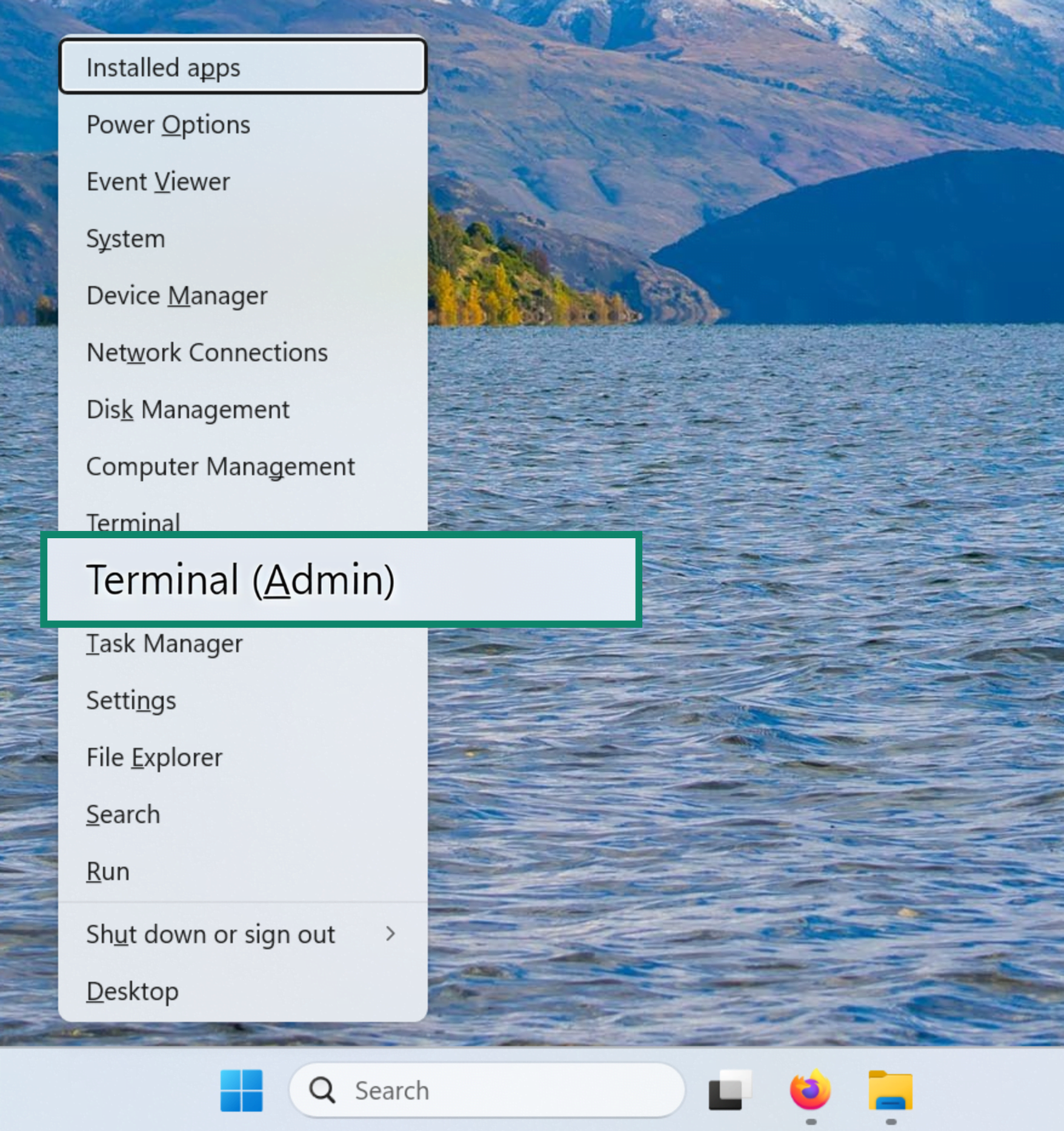 Windows 11 quick access menu with a highlighted Terminal (Admin) button.