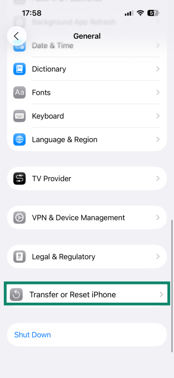 iOS General screen, showing how to find the Transfer or Reset iPhone feature.