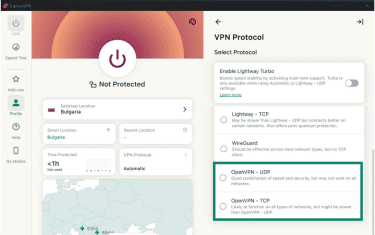 ExpressVPN's protocol list on Windows, highlighting the OpenVPN-UDP and OpenVPN-TCP protocol options.