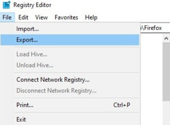 Windows Registry Editor File menu with the Export option highlighted.