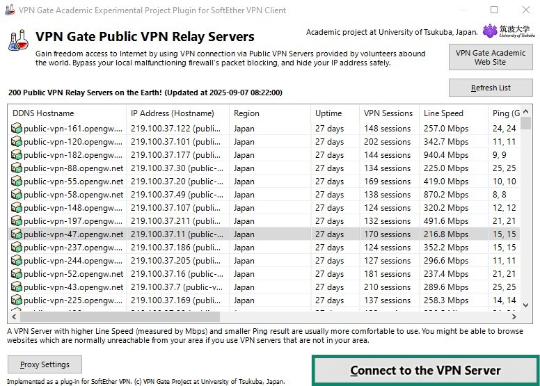 List of VPN Gate servers with the Connect to the VPN Server button highlighted.