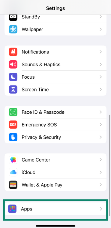 iPhone settings screen showing the apps option
