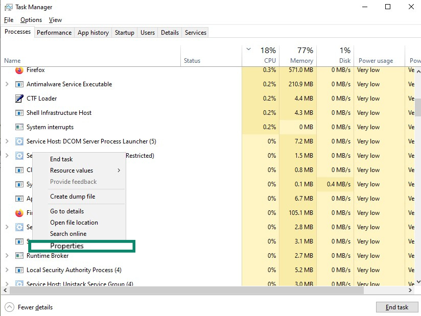 Windows Task Manager right-click menu with the Properties button highlighted.