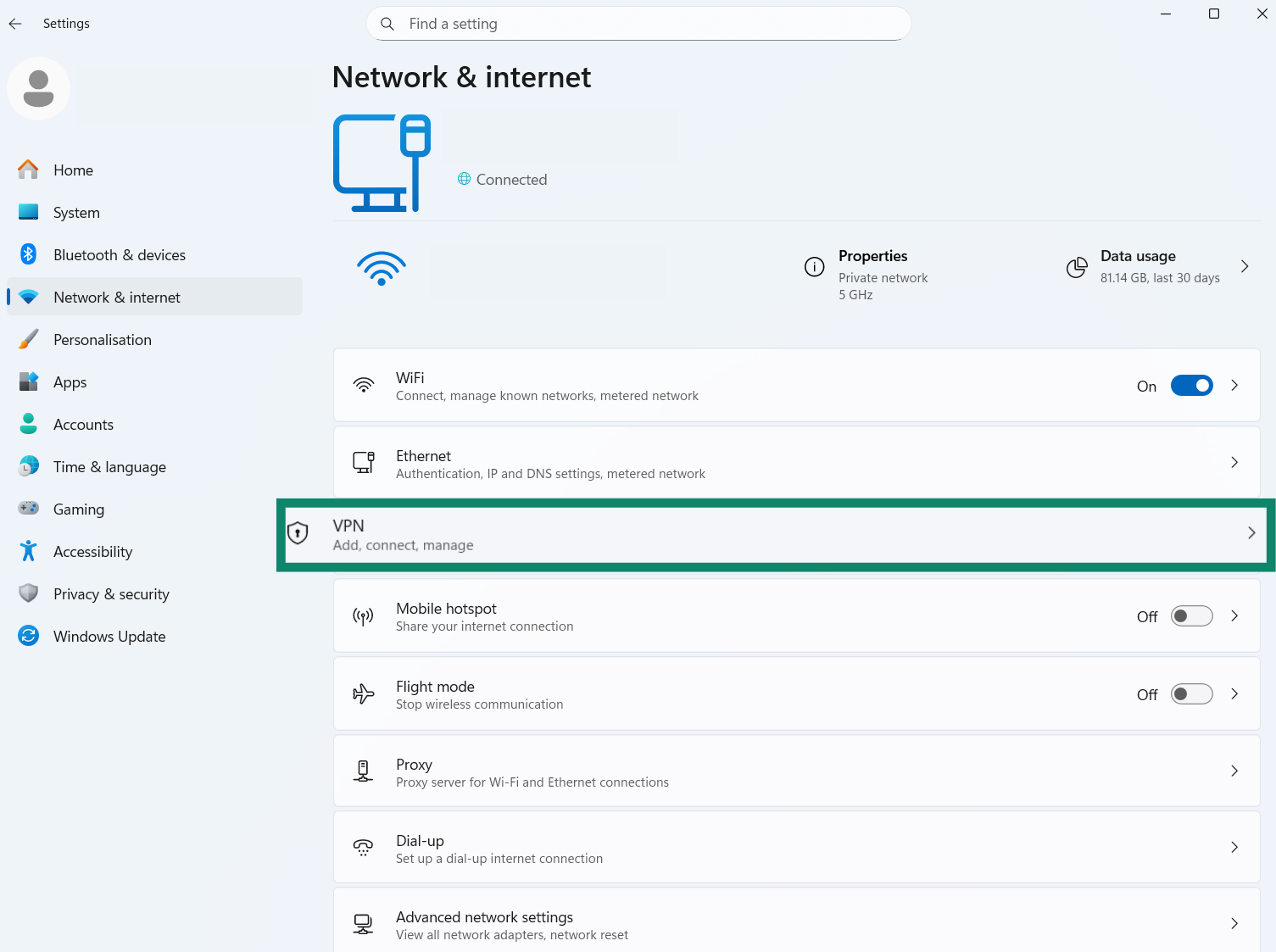 A screenshot of the Windows Network & internet settings screen, with the VPN option highlighted.