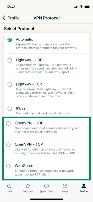 ExpressVPN protocol switching screen with OpenVPN and WireGuard highlighted.