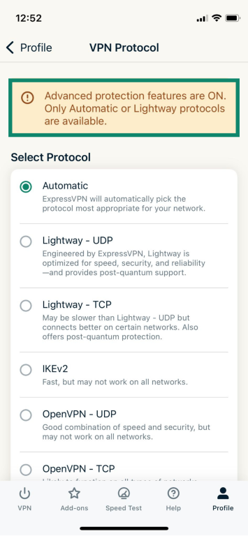 ExpressVPN protocol switching screen with advanced protection alert highlighted.