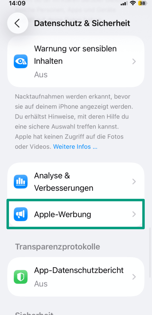 Screenshot of the iPhone Privacy & Security menu with the “Apple Advertising” option highlighted.
