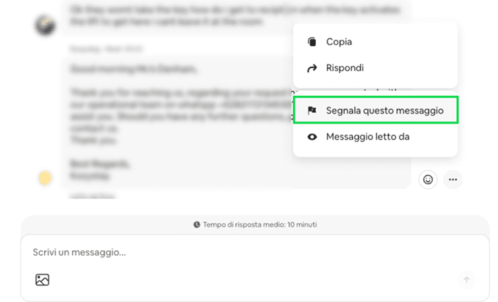 Airbnb Messages screen showing Report this message function.