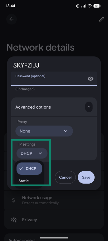 A screenshot showing the option to edit Wi-Fi network information via the Android Settings, highlighting the option to switch between DHCP and static IP addresses.