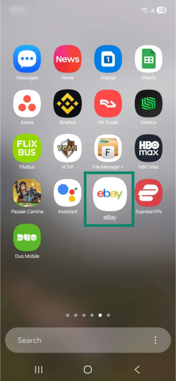 A list of installed apps on an Android device. The eBay app is enlarged and highlighted.