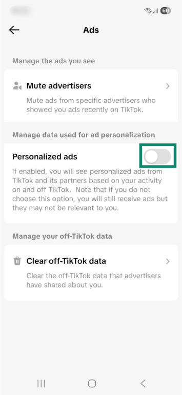 The "Ads" settings page in the TikTok app. The toggle for the "Personalized ads" option is set to the off position and is enlarged and highlighted.