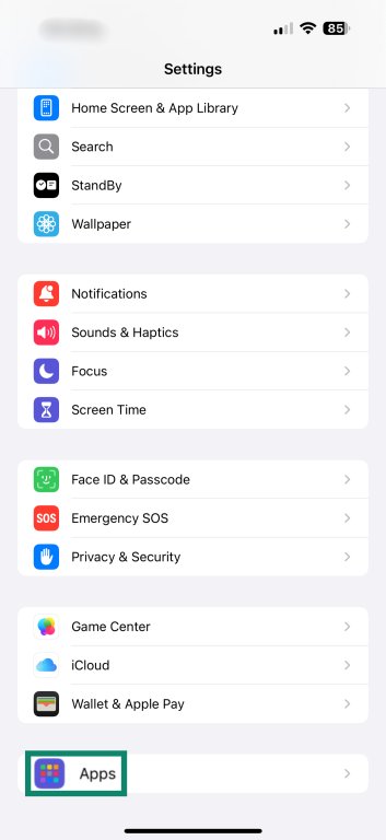 The "Settings" app on iOS. The "Apps" option is enlarged and highlighted.