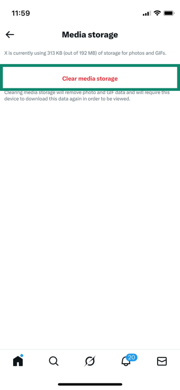 Clear media storage button in the Twitter (X) app.