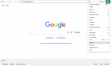 Firefox browser showing the main menu open with the Settings option highlighted.