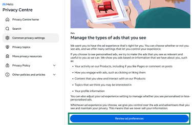 A screenshot of the Facebook Privacy Center, showing the option to manage the types of ads that you see