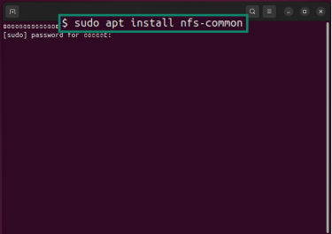 The "sudo apt install nfs-common" command in the Ubuntu terminal.