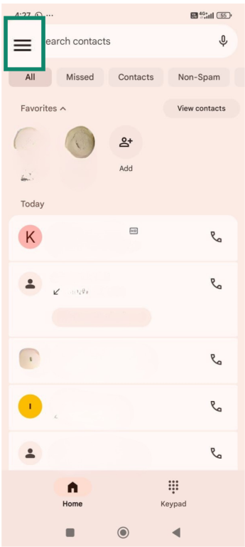 Android screen with menu option (3 lines) highlighted.