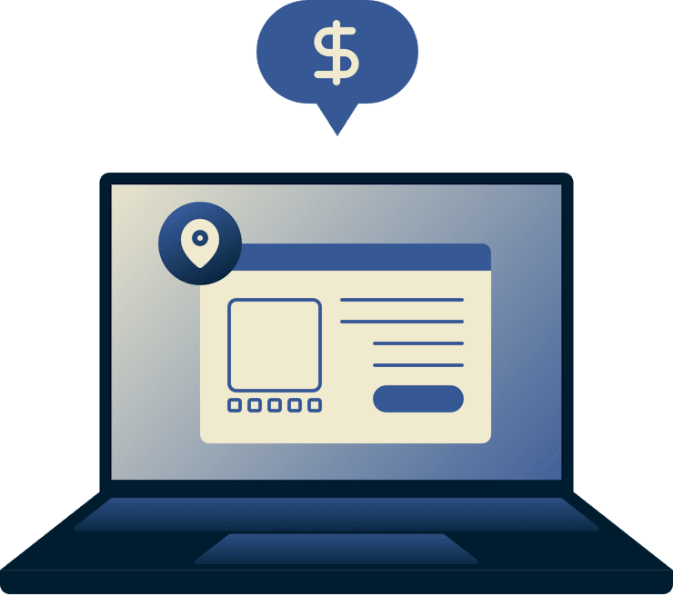 Portátil mostrando uma janela do navegador com um pino de localização e um sinal de dólar acima dele.