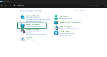 The "Network and Internet" option highlighted in Control Panel.