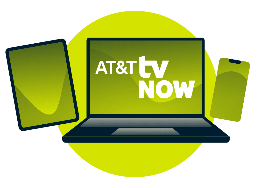 Ноутбук, планшет и телефон с логотипом AT&T TV Now.