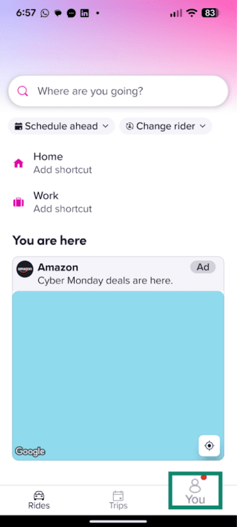 Lyft Android app showing Profile button on the bottom-right corner.