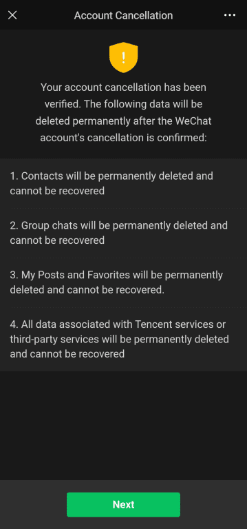 Notice about what happens to data after cancelling a WeChat account.