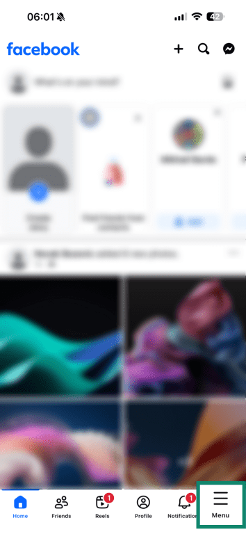 The Home page of the Facebook app with the Menu bar item highlighted.