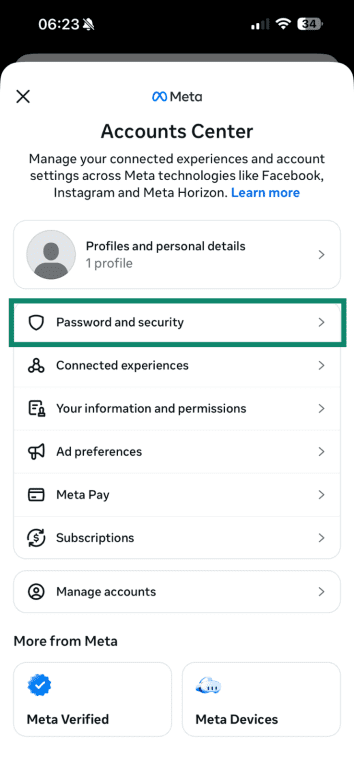 The Password and Security menu item highlighted on Facebook mobile.