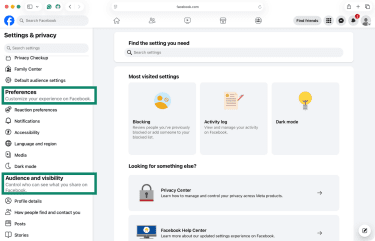 Facebook's desktop menu with Preferences, as well as Audience and Visibility settings highlighted.