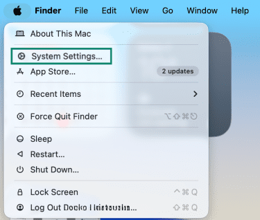 Alt text: macOS menu showing System Settings option highlighted.