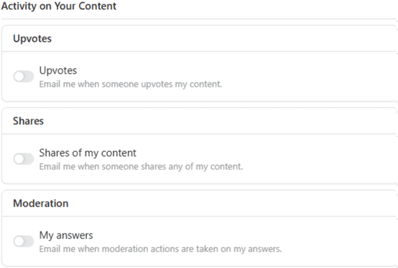 The Quora email notification sliders for activity on your content.