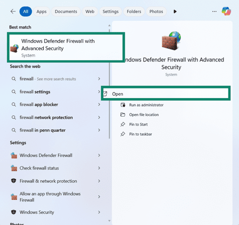 Open Windows Defender Firewall with Advanced Security on Windows.