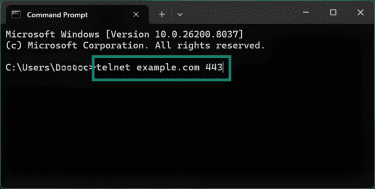 Type telnet, URL, and port number to see whether a port is open.