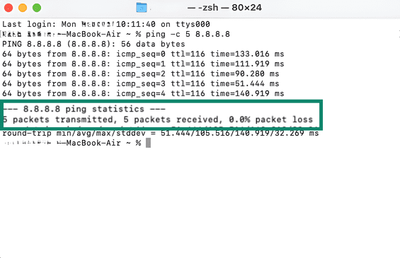 macOS ping results showing packets transmitted, pacers received and packet loss