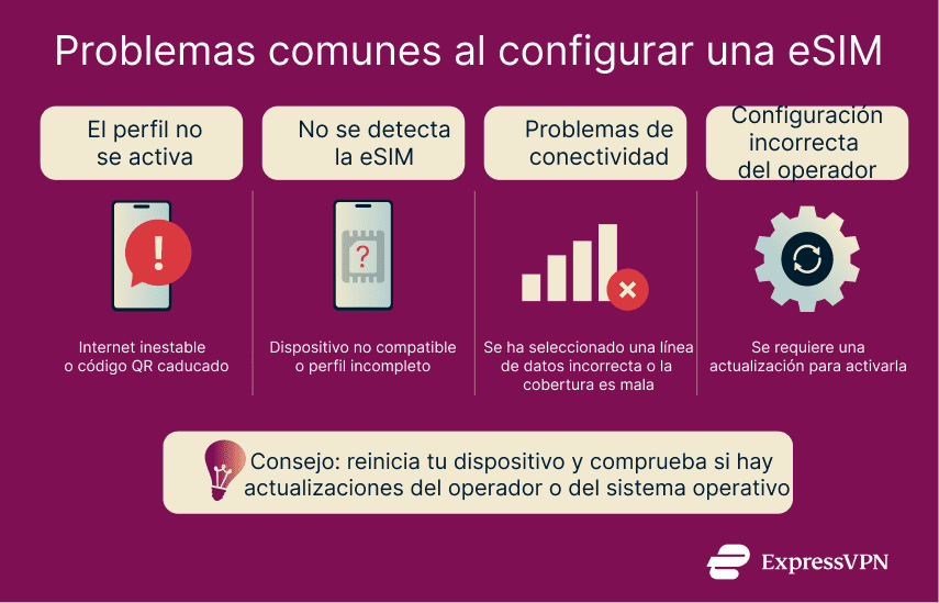 Infographic showing common eSIM setup problems such as profile activation issues, eSIM not detected, connectivity problems, and incorrect carrier settings.