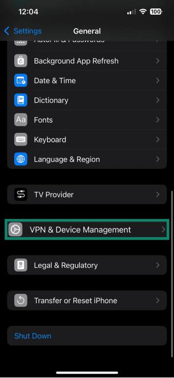 iPhone General settings with the VPN & Device Management tab highlighted.