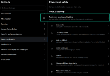 X Privacy and Safety settings showing the Audience and Tagging menu.