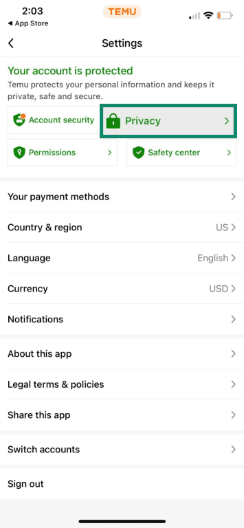 Temu Settings screen with Privacy option highlighted.
