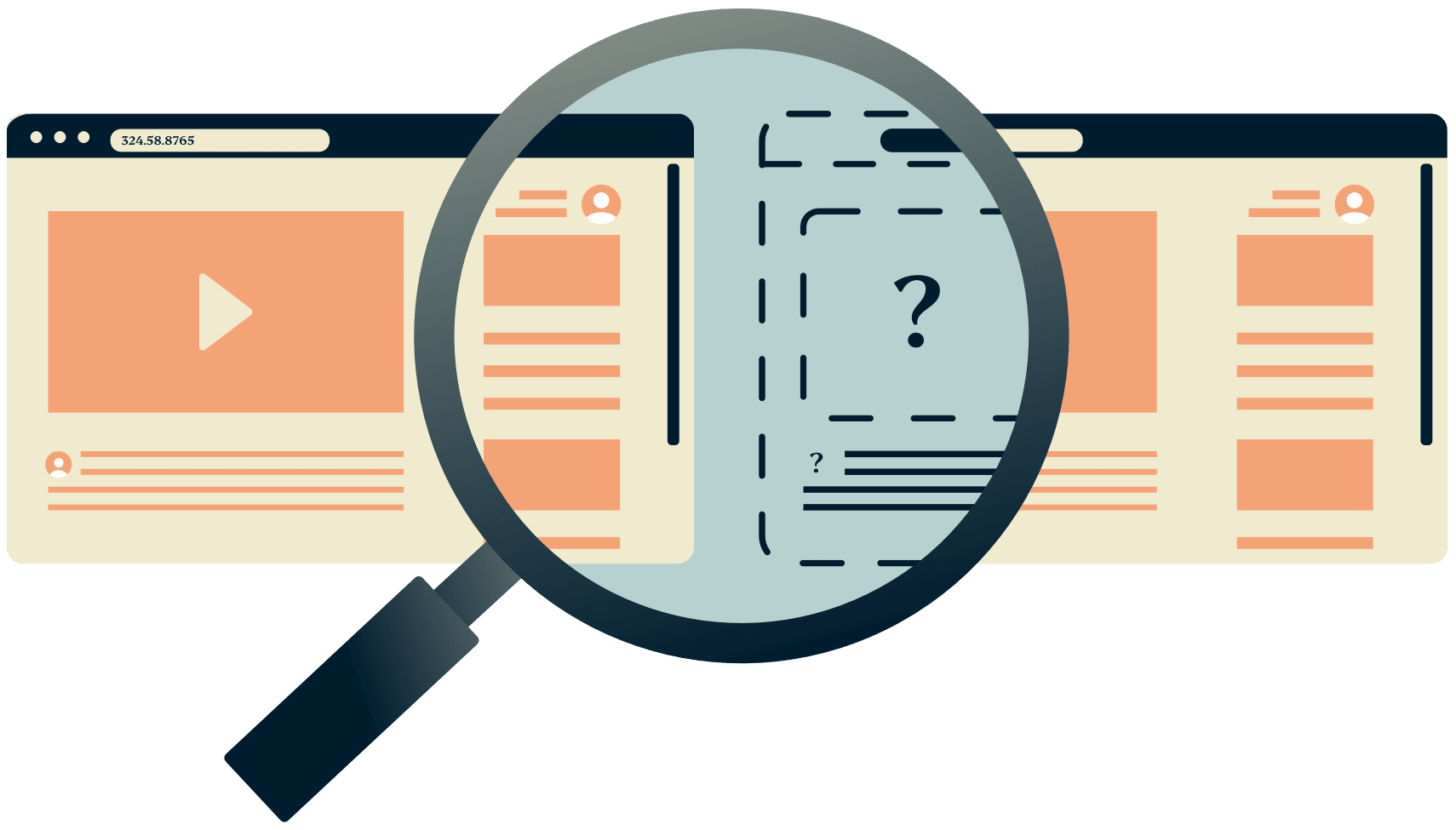 Una lente d'ingrandimento su due finestre del browser in cui una di esse è nascosta.