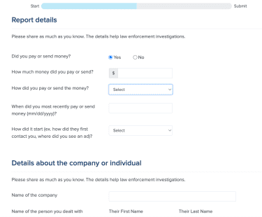 FTC's Report a Fraud form containing report details.