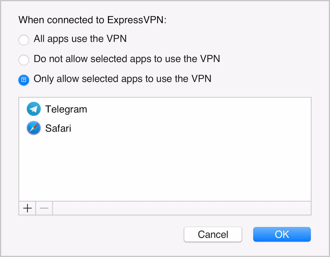 Interface do app ExpressVPN para Mac, mostrando apenas apps selecionados protegidos pela VPN.