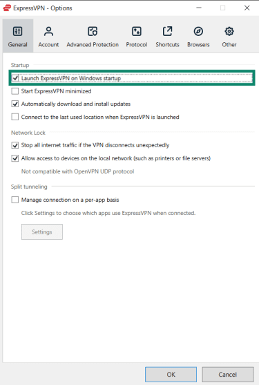 The ExpressVPN Windows app with the box "Launch ExpressVPN on Windows startup" selected and highlighted.