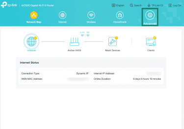 A screenshot of a router portal with the Advanced button highlighted.