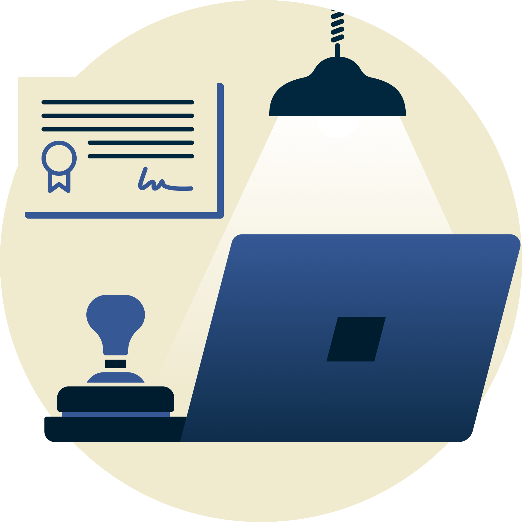 背景に証明書を示した状態で、印鑑とノートパソコンの上にランプを置いている。