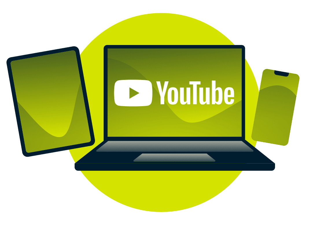 ノートパソコン、タブレット、スマホ、YouTubeロゴ。