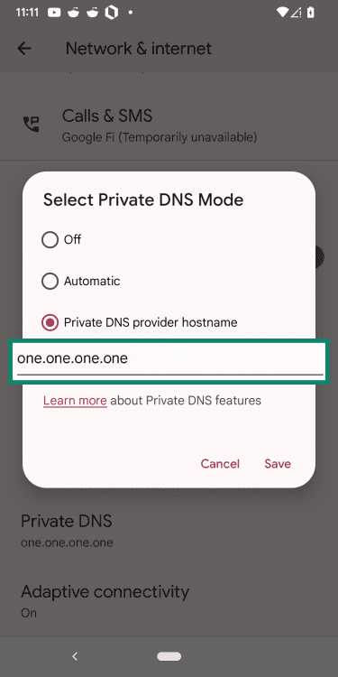 Android screen showing entry of private DNS provider hostname.